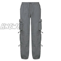 Hnewly Women Pockets Sweat Pant Vintage Workout Overalls Mid Waist Drawstring Loose Cargo Pants