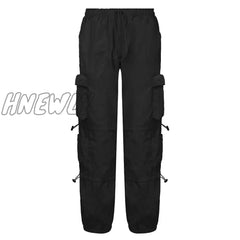 Hnewly Women Pockets Sweat Pant Vintage Workout Overalls Mid Waist Drawstring Loose Cargo Pants