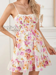Hnewly Women Retro Floral Mini Dress Y2K Aesthetic Fairycore Spaghetti Strap Tie-Up Ruffle A-Line