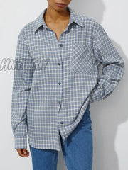 Hnewly Women Retro Plaid Turn Down Collar Shirts Spring Autumn Office Ladies Pink Single-Breasted