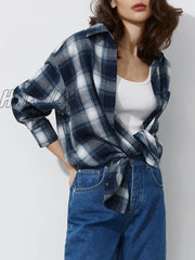 Hnewly Women Retro Plaid Turn Down Collar Shirts Spring Autumn Office Ladies Pink Single-Breasted