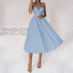 Hnewly Women Sexy Ball Gown Prom Dresses New Lady Solid V Neck Backless Party Slip Casual Summer