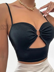 Hnewly Women Sexy Crop Tops Camisole Spaghetti Strap V Neck Cut-Out Round Ring Linked Sleeveless