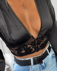Hnewly Women Sexy Hollow Deep V Neck Lace Crop Short Top Long Sleeve Shirt Blouse
