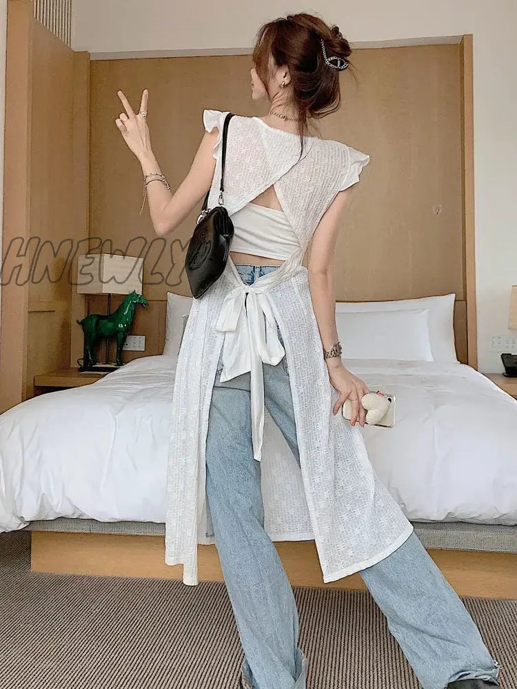 Hnewly Women Sexy Hollow Out Lace Dresses Chic Solid Bandage Design Mid-Calf Summer Simple Cross