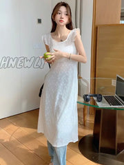 Hnewly Women Sexy Hollow Out Lace Dresses Chic Solid Bandage Design Mid-Calf Summer Simple Cross