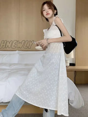Hnewly Women Sexy Hollow Out Lace Dresses Chic Solid Bandage Design Mid-Calf Summer Simple Cross