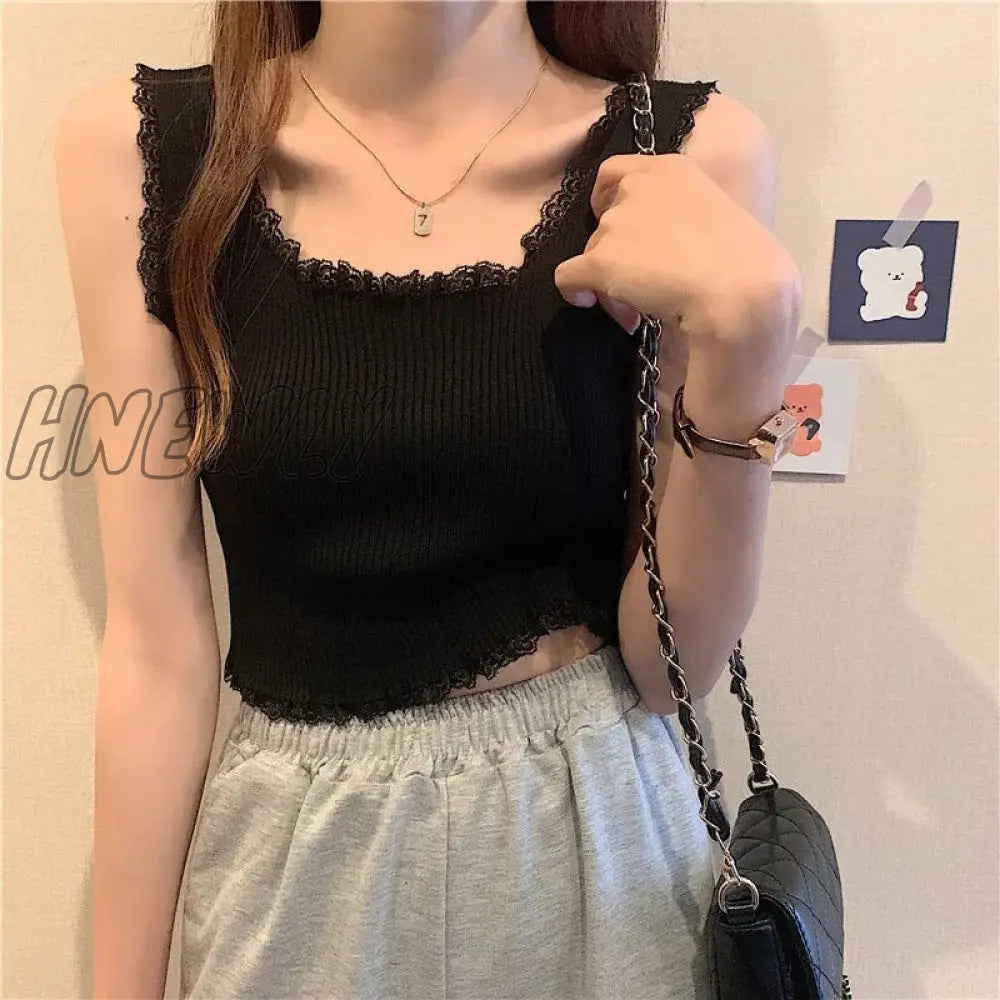 Hnewly Women Sexy Lace Up Crop Tank Tops Square Neck Plain Basic Solid Short Bottomed Top Y2K