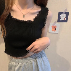 Hnewly Women Sexy Lace Up Crop Tank Tops Square Neck Plain Basic Solid Short Bottomed Top Y2K