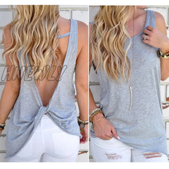 Hnewly Women Sexy Sleeveless Vest Backless Tops Open Back Knotted Crop A Line Shirt