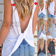 Hnewly Women Sexy Sleeveless Vest Backless Tops Open Back Knotted Crop A Line Shirt