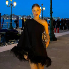 Hnewly Women Sexy Solid Color Single One Shoulder Long Sleeve Backless Feather Plush Patchwork Trim