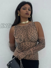 Hnewly Women Sexy Tank Top Letter Print Patchwork Elastic See Through Half Gloves Stretchy Skinny