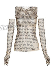 Hnewly Women Sexy Tank Top Letter Print Patchwork Elastic See Through Half Gloves Stretchy Skinny