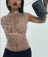 Hnewly Women Sexy Tank Top Letter Print Patchwork Elastic See Through Half Gloves Stretchy Skinny