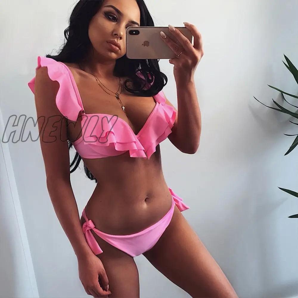 Hnewly Women Sexy Two Piece Lace Triangle Bag Bikini Swimwear Solid Color Ruffle Swimsuit Push Up