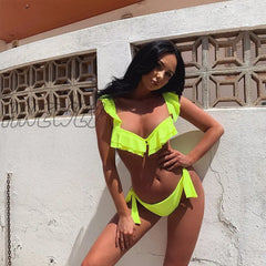 Hnewly Women Sexy Two Piece Lace Triangle Bag Bikini Swimwear Solid Color Ruffle Swimsuit Push Up