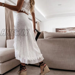 Hnewly Women Sexy V Neck Button Tops + Irregular Beach Skirts Outfits Summer Elegant Ruffle