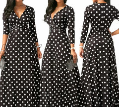 Hnewly Women Sexy V Neck Long Sleeve Polka Dot Casual Maxi Dress Ladies Party Grown Beach Sundress