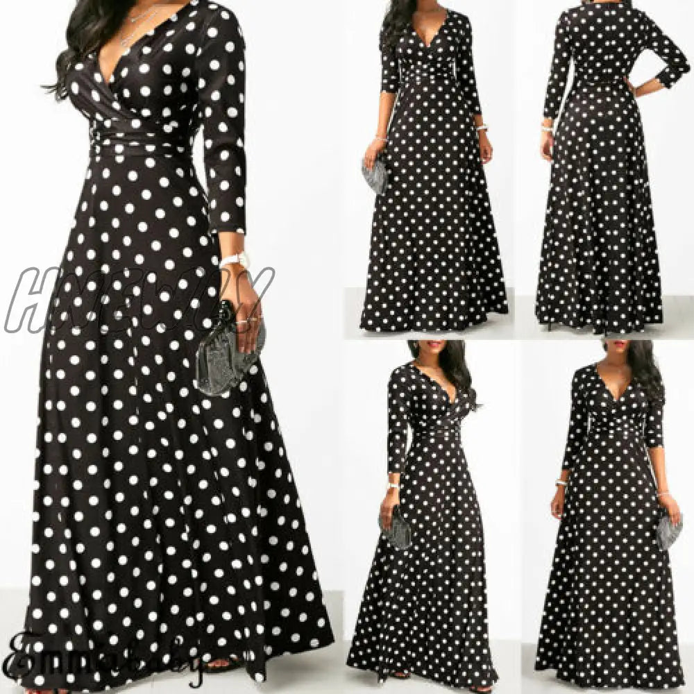 Hnewly Women Sexy V Neck Long Sleeve Polka Dot Casual Maxi Dress Ladies Party Grown Beach Sundress S