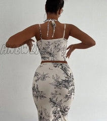Hnewly Women Skirt Suit Sexy Halter Y2K Print Corset Crop Tops And Wrap High Waist Midi Dress Two
