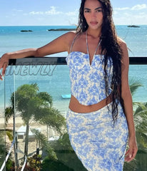 Hnewly Women Skirt Suit Sexy Halter Y2K Print Corset Crop Tops And Wrap High Waist Midi Dress Two