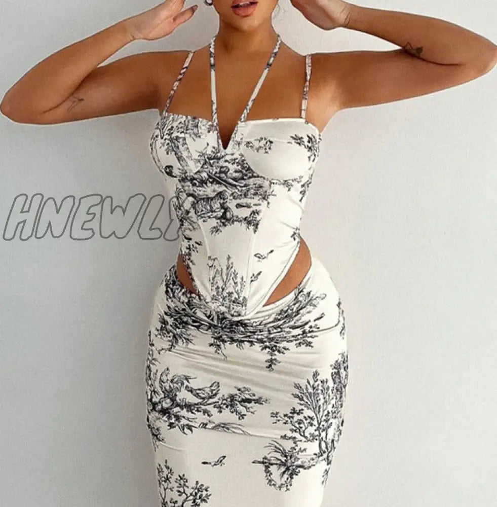 Hnewly Women Skirt Suit Sexy Halter Y2K Print Corset Crop Tops And Wrap High Waist Midi Dress Two