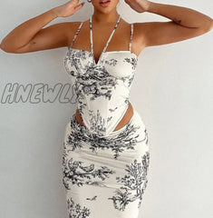 Hnewly Women Skirt Suit Sexy Halter Y2K Print Corset Crop Tops And Wrap High Waist Midi Dress Two