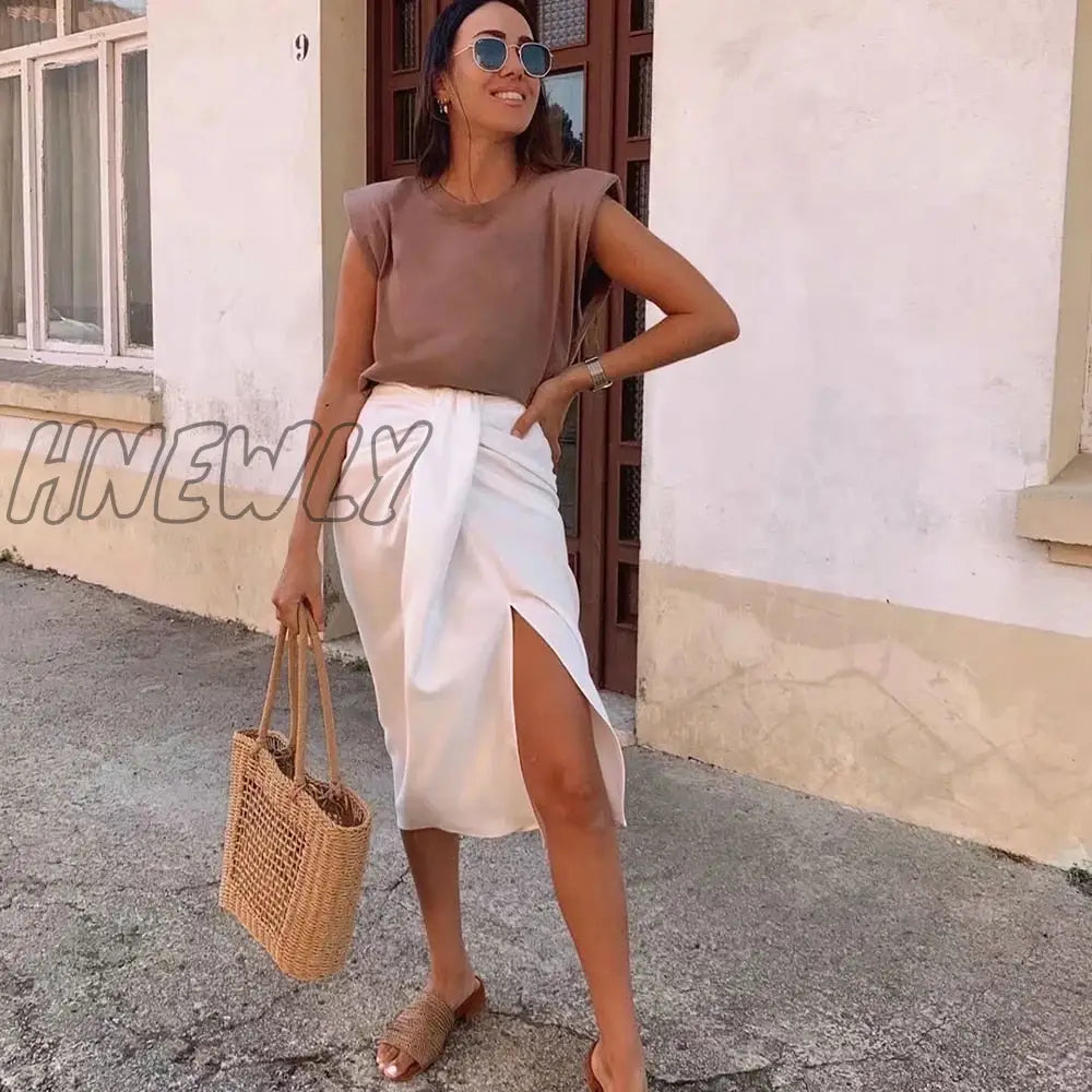 Hnewly Women Skirts New White Black Skirt Gathered Detail High-Waist Midi Elegant High Street