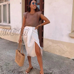 Hnewly Women Skirts New White Black Skirt Gathered Detail High-Waist Midi Elegant High Street