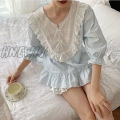 Hnewly Women Sleepwear Crepe Fabric Long Sleeves Pajama Sets.vintage Embroidered Flowers Lace