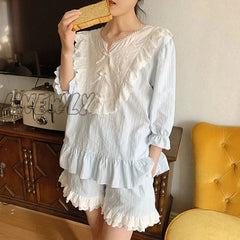 Hnewly Women Sleepwear Crepe Fabric Long Sleeves Pajama Sets.vintage Embroidered Flowers Lace