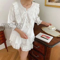 Hnewly Women Sleepwear Crepe Fabric Long Sleeves Pajama Sets.vintage Embroidered Flowers Lace