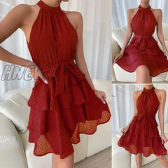 Women Soild Ruffle Design Dress Halter Neck Casual Sweet Style Grace Sleeveless Summer