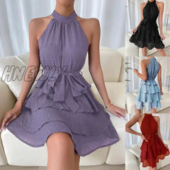Women Soild Ruffle Design Dress Halter Neck Casual Sweet Style Grace Sleeveless Summer