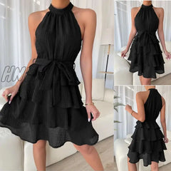 Women Soild Ruffle Design Dress Halter Neck Casual Sweet Style Grace Sleeveless Summer