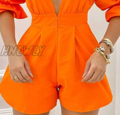Hnewly Women Solid Casual Puff Sleeve Deep V Neck Zipper Asymmetrical Sexy Rompers