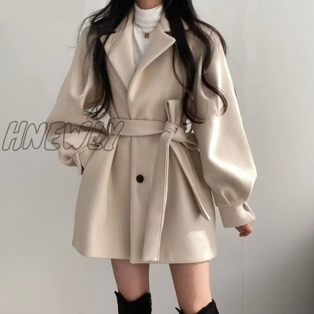 Hnewly Women Solid Wool Blend Coat Slim Fit Belt Coats Female Warm Plus Cotton Thicker V - Neck