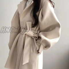 Hnewly Women Solid Wool Blend Coat Slim Fit Belt Coats Female Warm Plus Cotton Thicker V - Neck