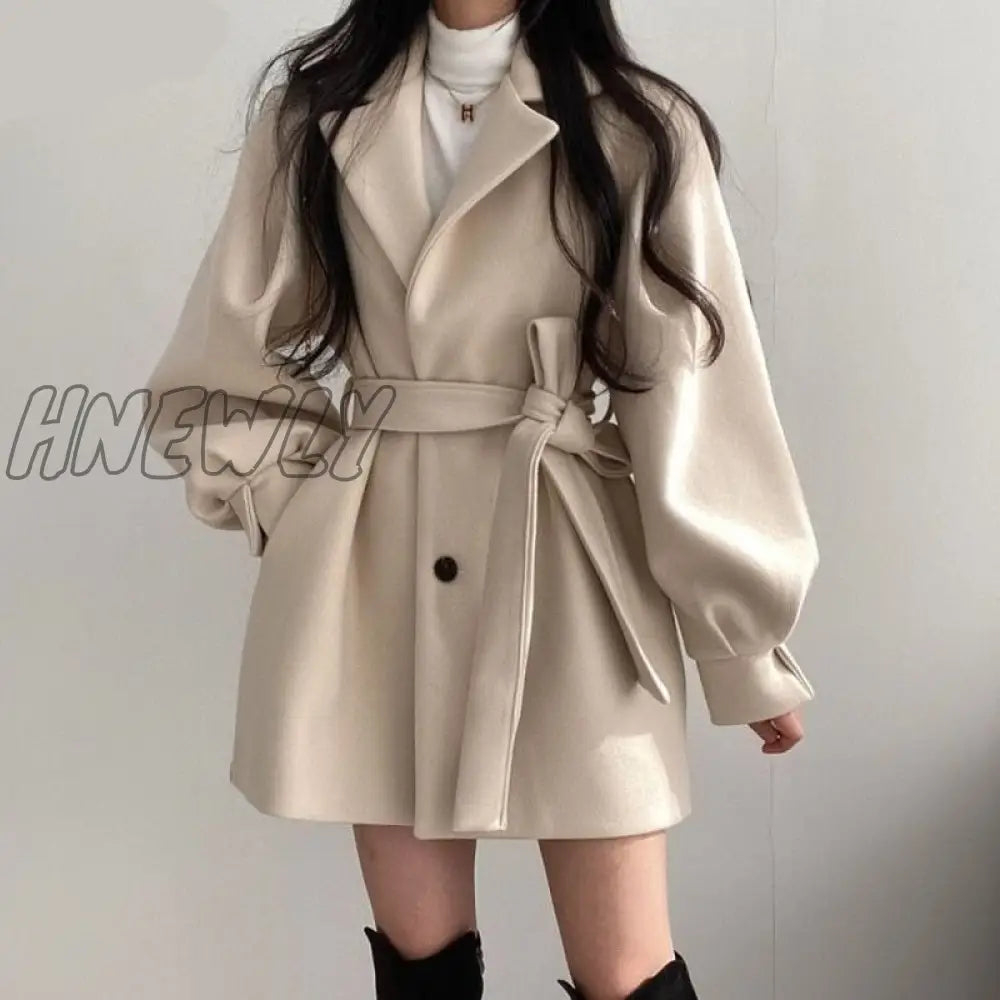 Hnewly Women Solid Wool Blend Coat Slim Fit Belt Coats Female Warm Plus Cotton Thicker V - Neck