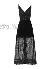 Hnewly Women Spaghetti Straps Long Beach Dress Boho Summer Sleeveless Hollow Out Floral Lace