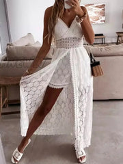 Hnewly Women Spaghetti Straps Long Beach Dress Boho Summer Sleeveless Hollow Out Floral Lace
