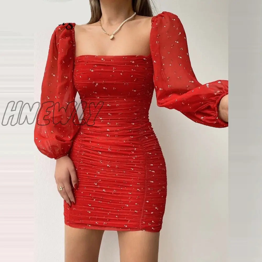 Hnewly Women Square Collar Bodycon Dresses Autumn Puff Long Sleeve Slim Dress Winter Chiffon Floral