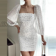 Hnewly Women Square Collar Bodycon Dresses Autumn Puff Long Sleeve Slim Dress Winter Chiffon Floral