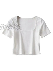 Hnewly Women Square Neck Rib Crop T-Shirt Short Sleeve Top