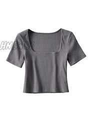 Hnewly Women Square Neck Rib Crop T-Shirt Short Sleeve Top