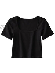 Hnewly Women Square Neck Rib Crop T-Shirt Short Sleeve Top