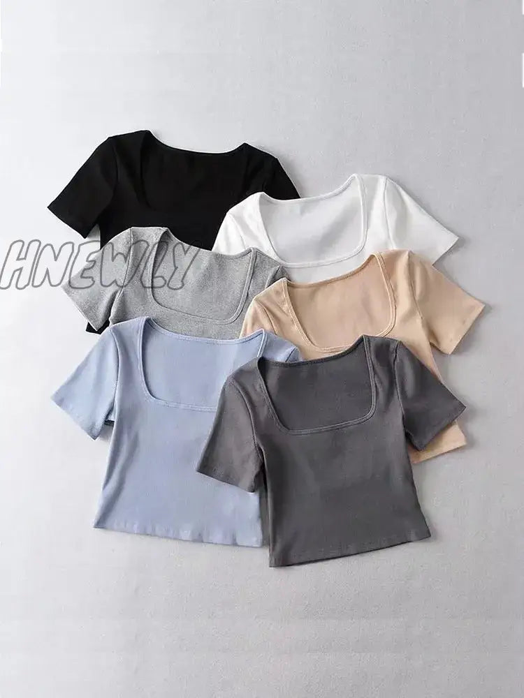 Hnewly Women Square Neck Rib Crop T-Shirt Short Sleeve Top