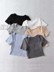 Hnewly Women Square Neck Rib Crop T-Shirt Short Sleeve Top