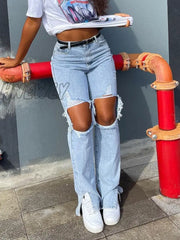 Hnewly Women Straight Leg Ripped Baggy Jeans Classic Washed Frayed Distressed Mid Rise Denim Pants
